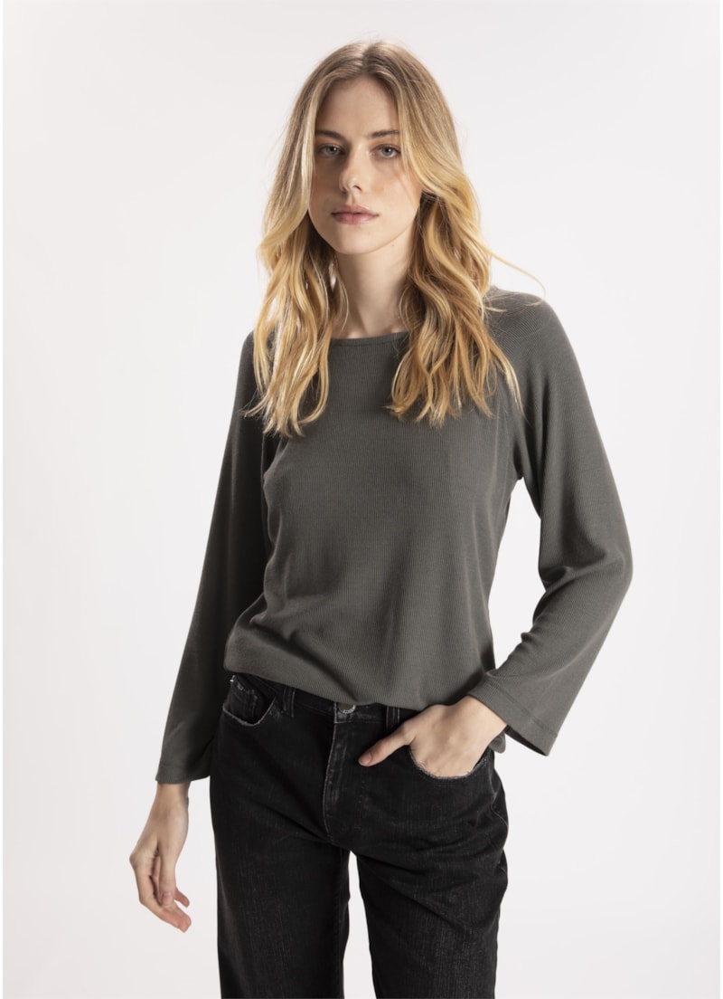 Blusa Canelada Decote Canoa 7/8 Verde Militar