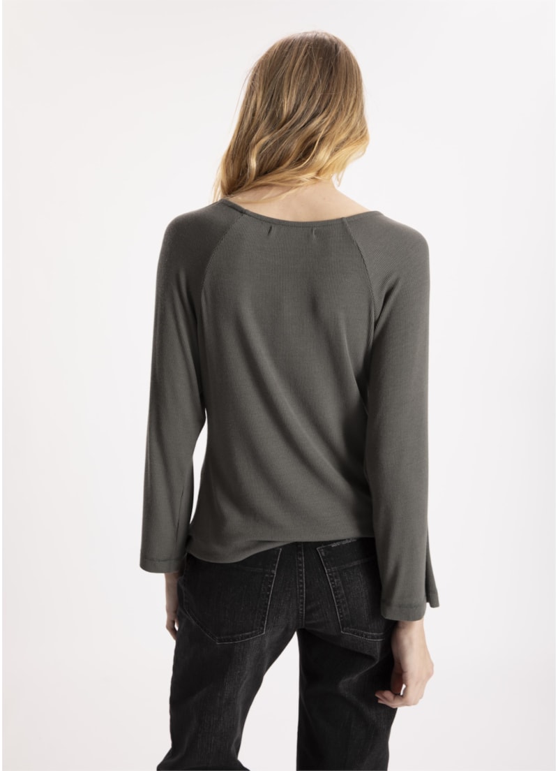 Blusa Canelada Decote Canoa 7/8 Verde Militar