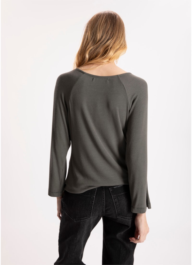 Blusa Canelada Decote Canoa 7/8 Verde Militar
