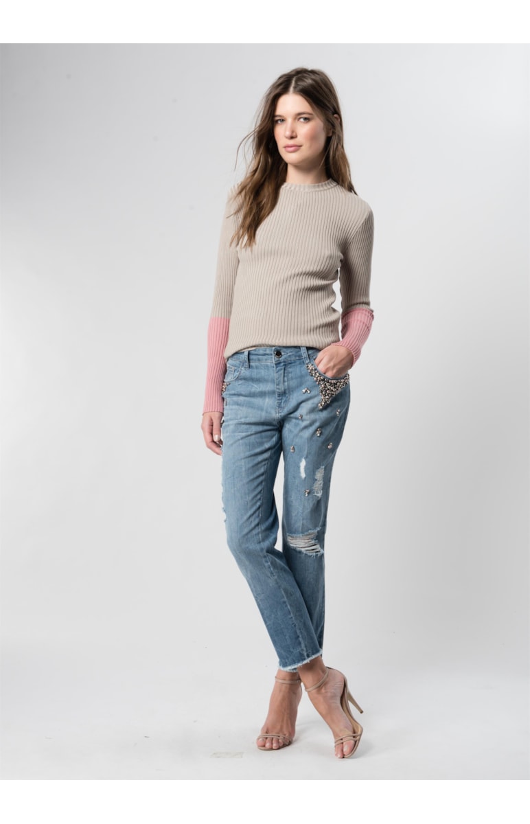 Blusa Canelada Punho Contrastante Rose