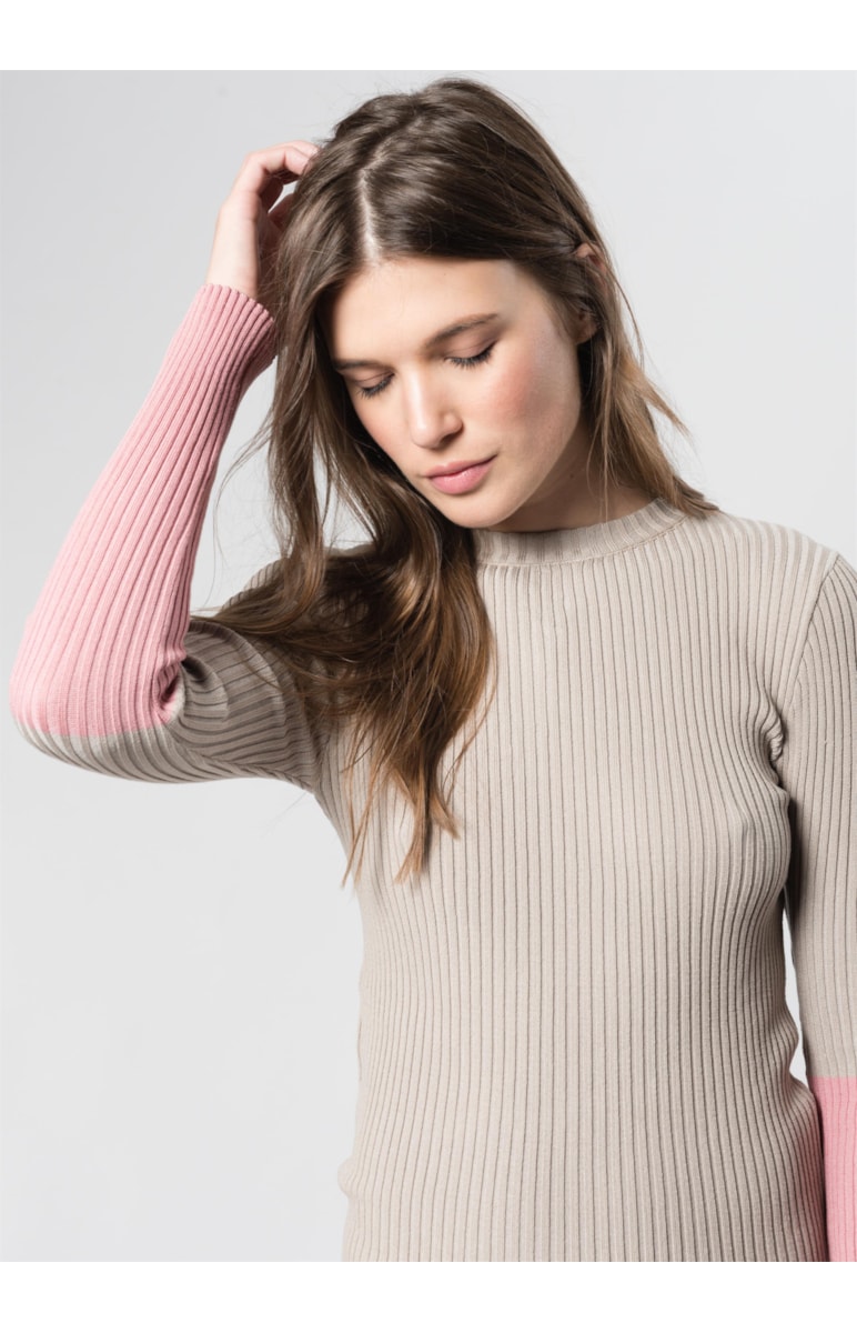 Blusa Canelada Punho Contrastante Rose