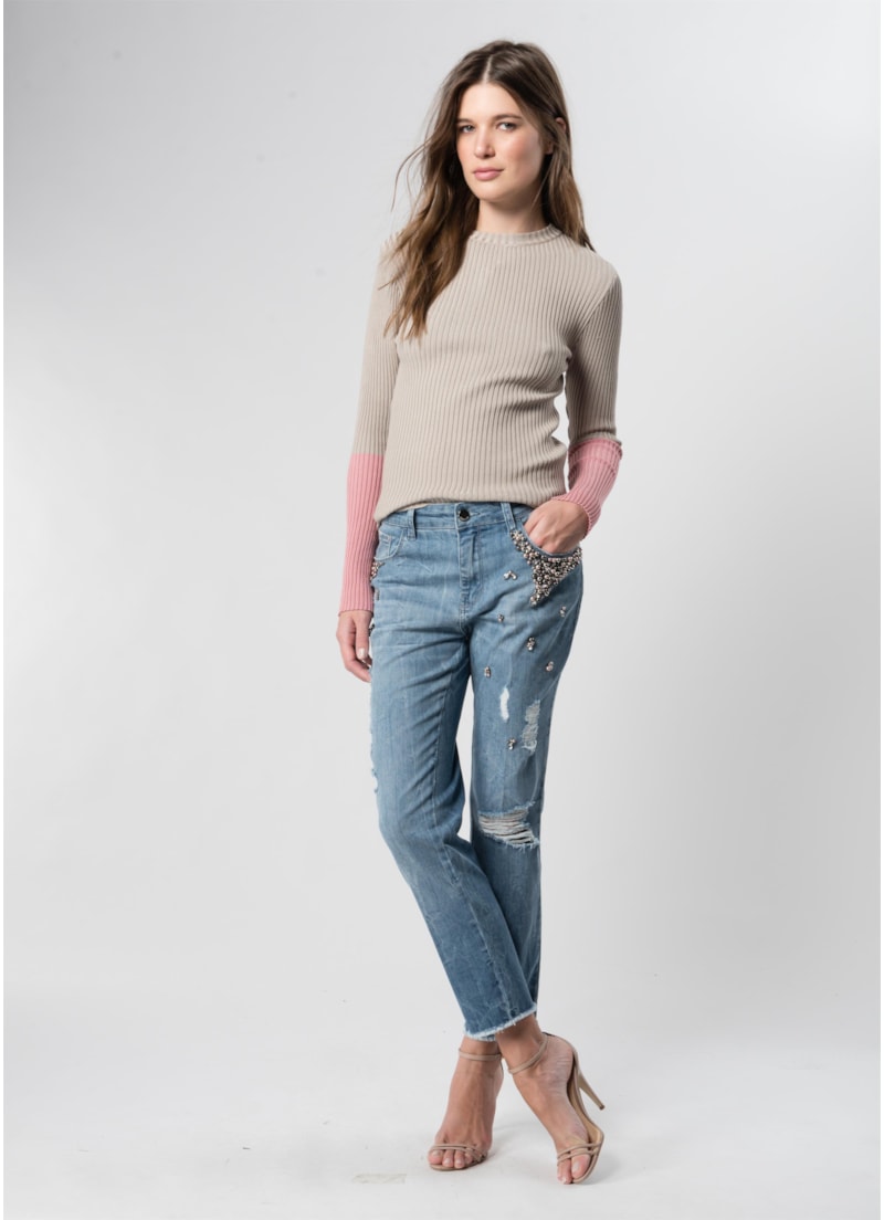 Blusa Canelada Punho Contrastante Rose