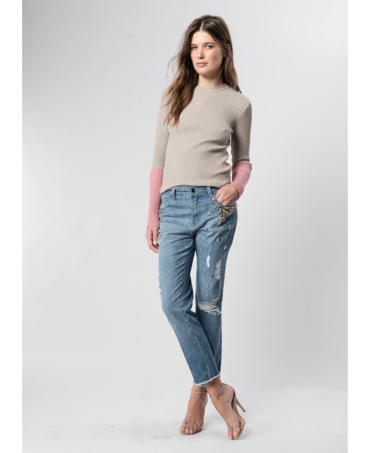 Blusa Canelada Punho Contrastante Rose