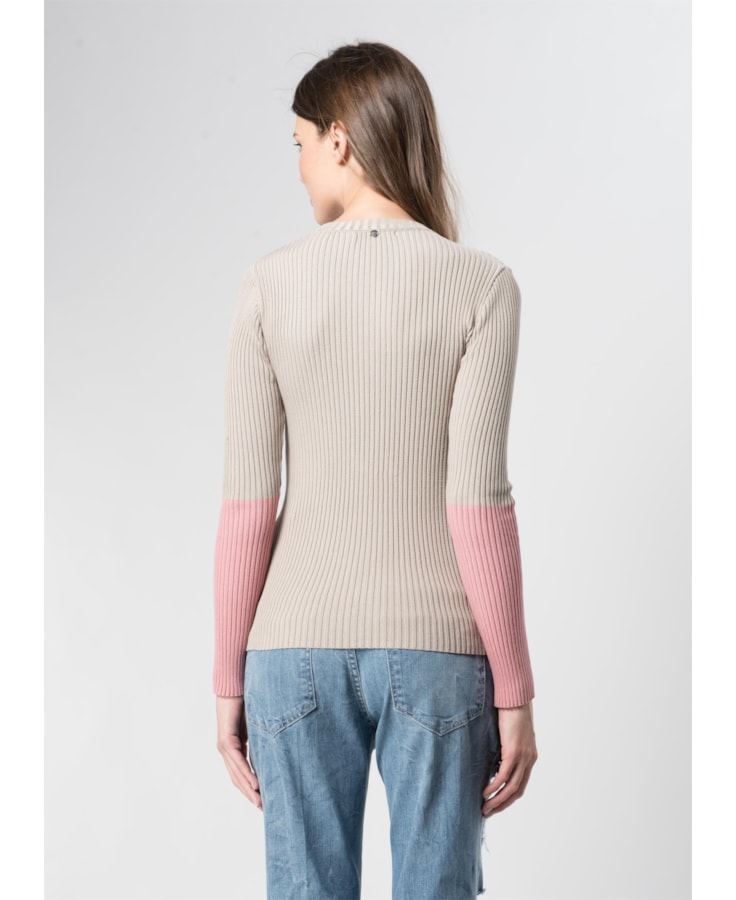 Blusa Canelada Punho Contrastante Rose