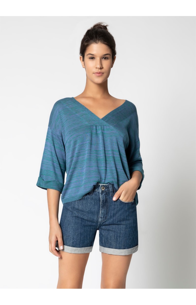 Blusa Decote v Transpassado Azul Seco