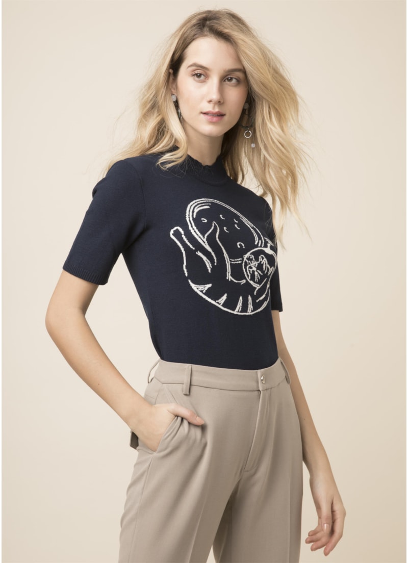 Blusa Estampa Gatinho Dark Navy