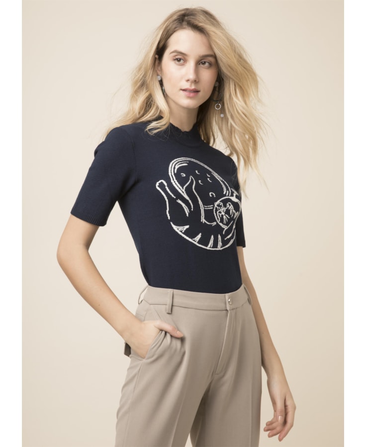 Blusa Estampa Gatinho Dark Navy