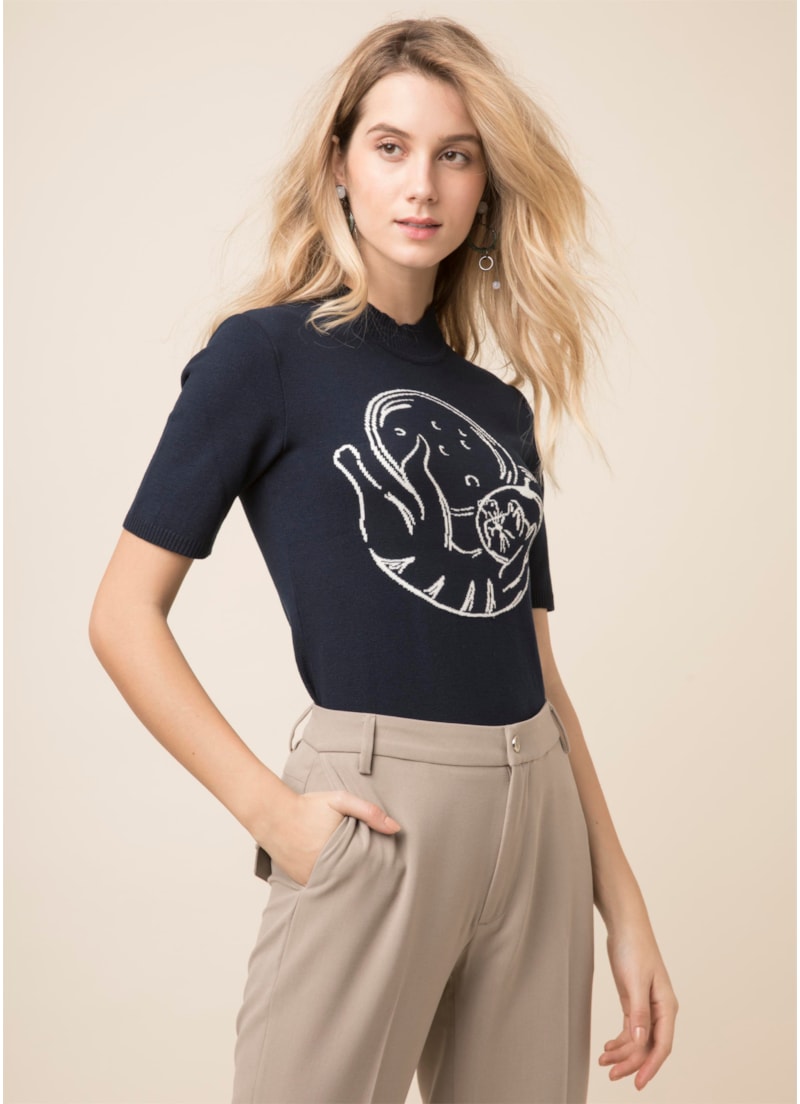 Blusa Estampa Gatinho Dark Navy