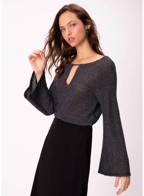 Blusa Jacquard Recorte Preto