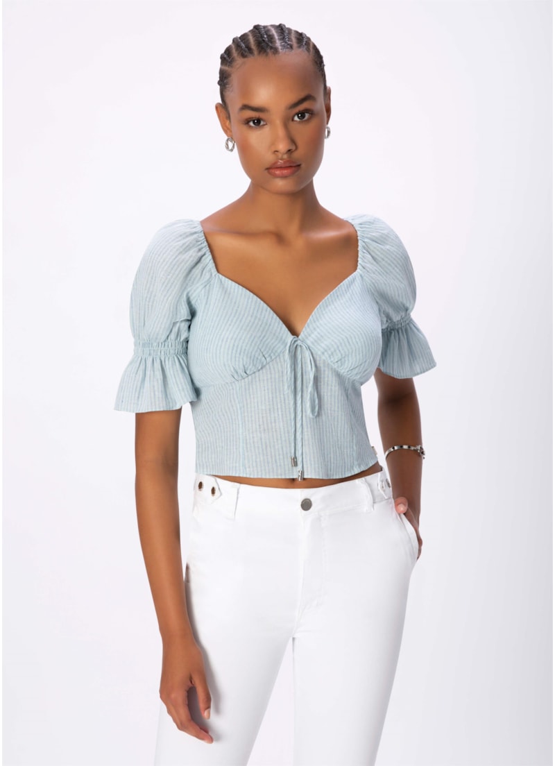 Blusa Linho Listras Azul Bic