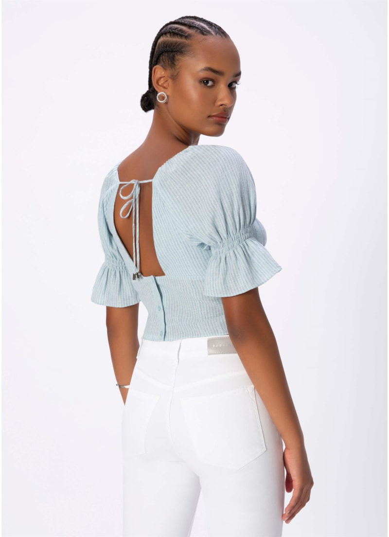 Blusa Linho Listras Azul Bic
