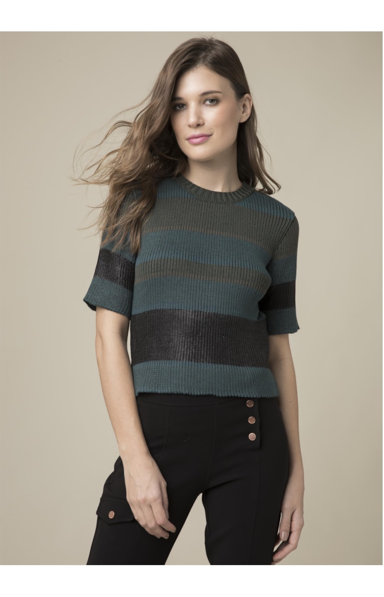 Blusa Listrada Com Foil Manga Curta Musgo