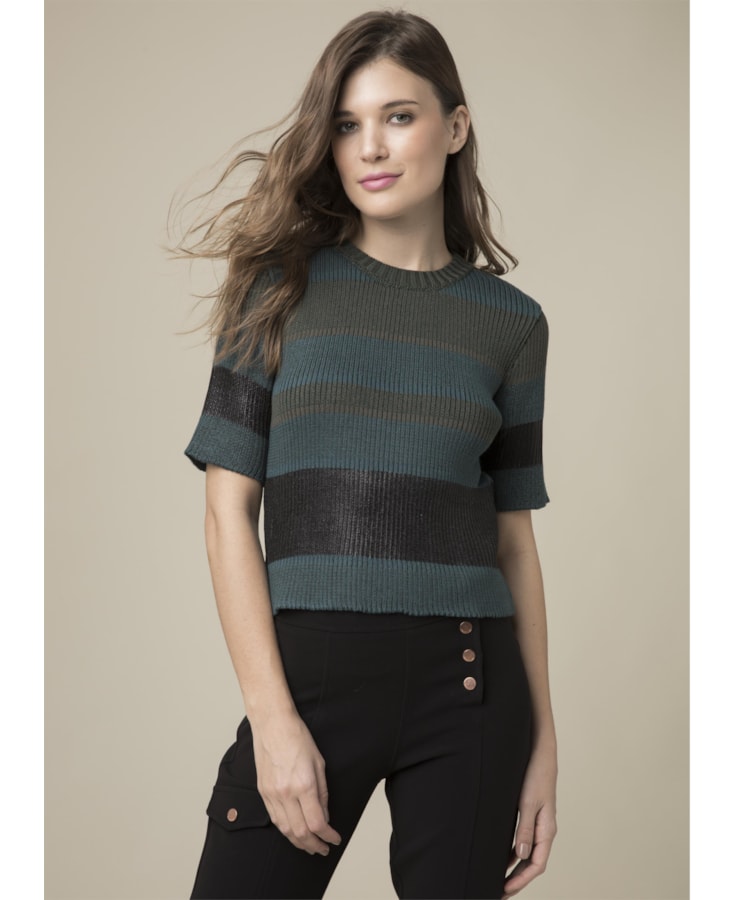 Blusa Listrada Com Foil Manga Curta Musgo