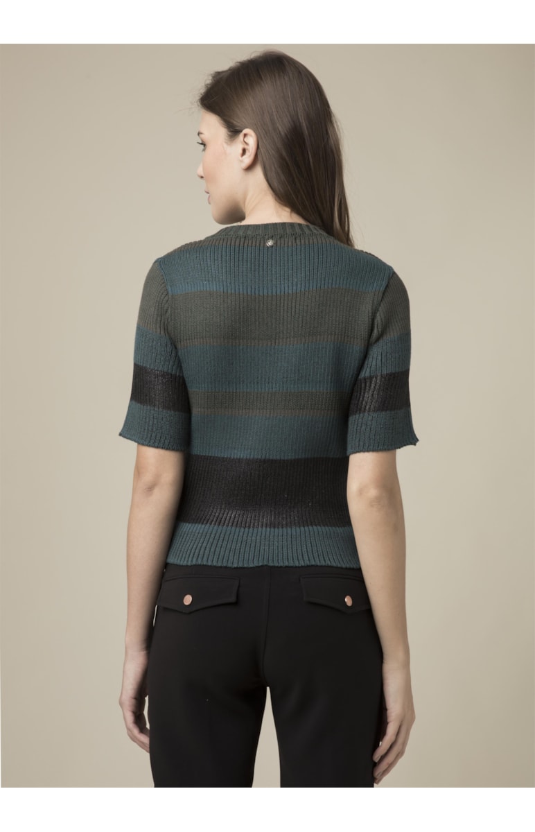 Blusa Listrada Com Foil Manga Curta Musgo