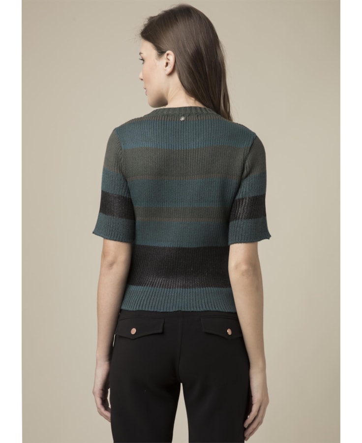 Blusa Listrada Com Foil Manga Curta Musgo