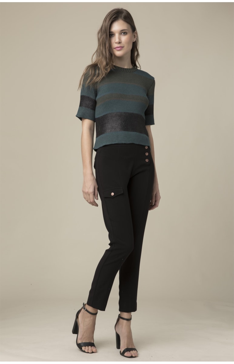 Blusa Listrada Com Foil Manga Curta Musgo