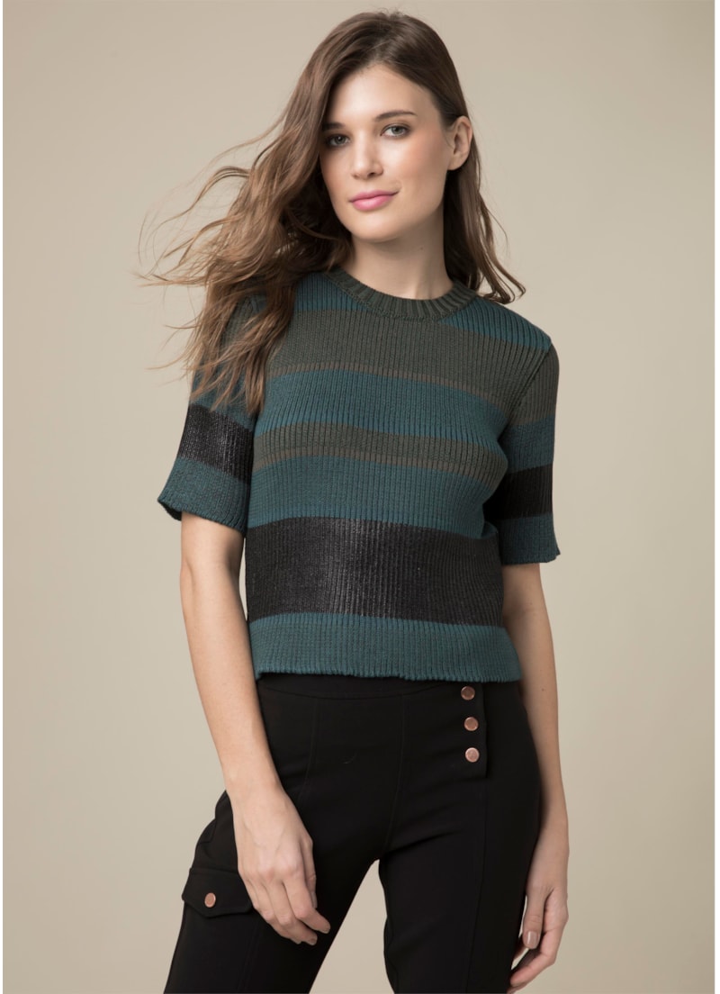 Blusa Listrada Com Foil Manga Curta Musgo