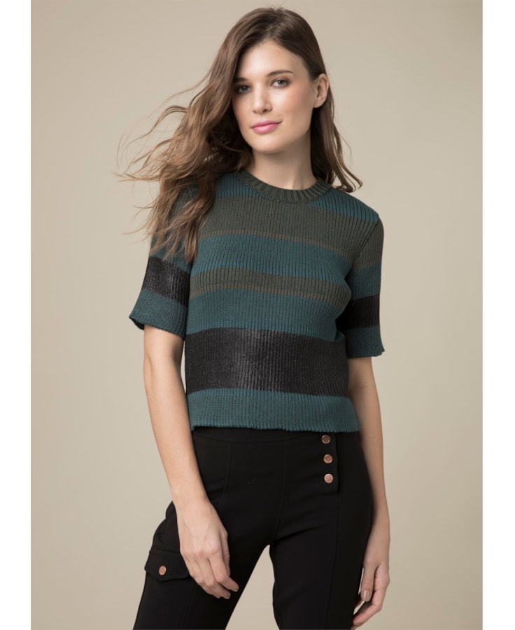 Blusa Listrada Com Foil Manga Curta Musgo
