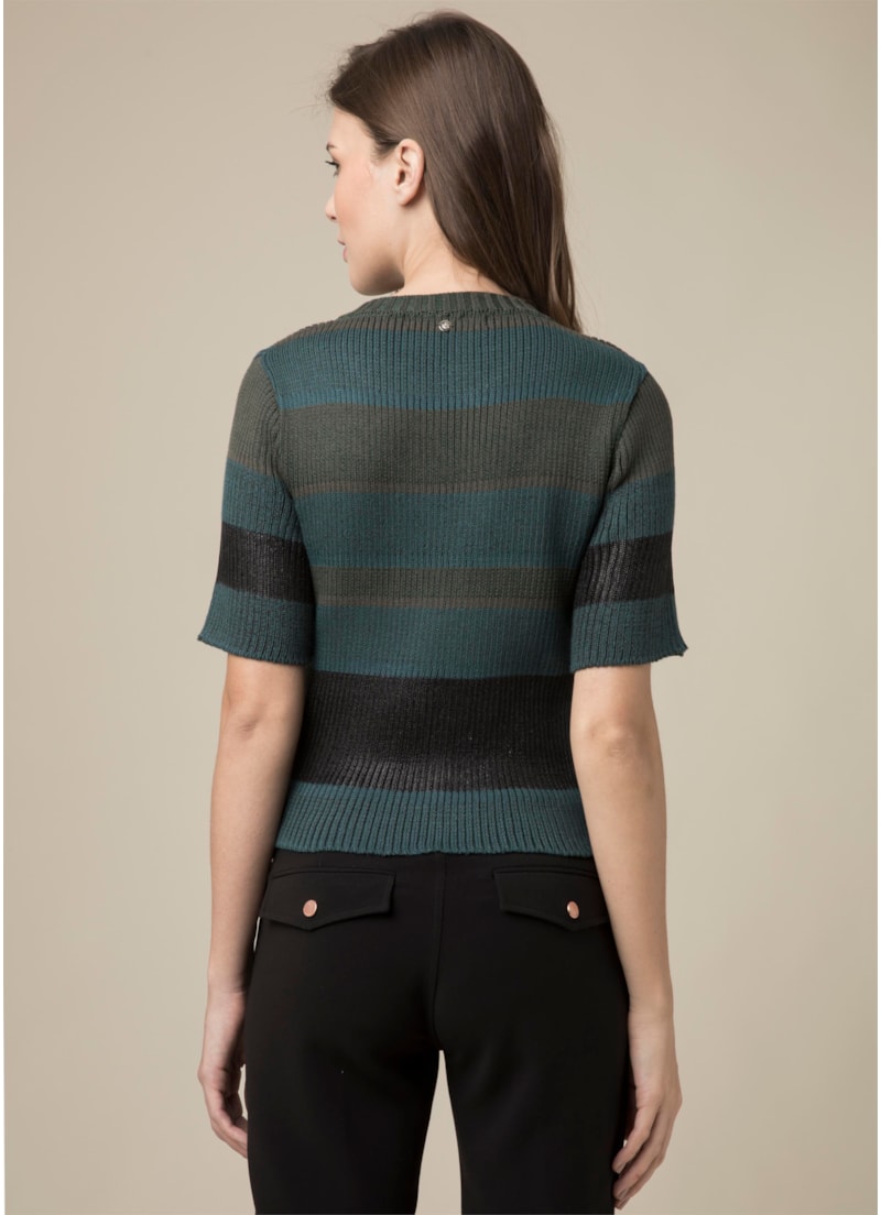 Blusa Listrada Com Foil Manga Curta Musgo