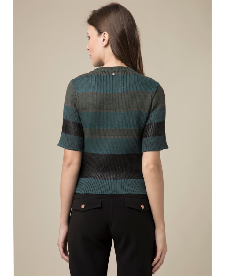 Blusa Listrada Com Foil Manga Curta Musgo
