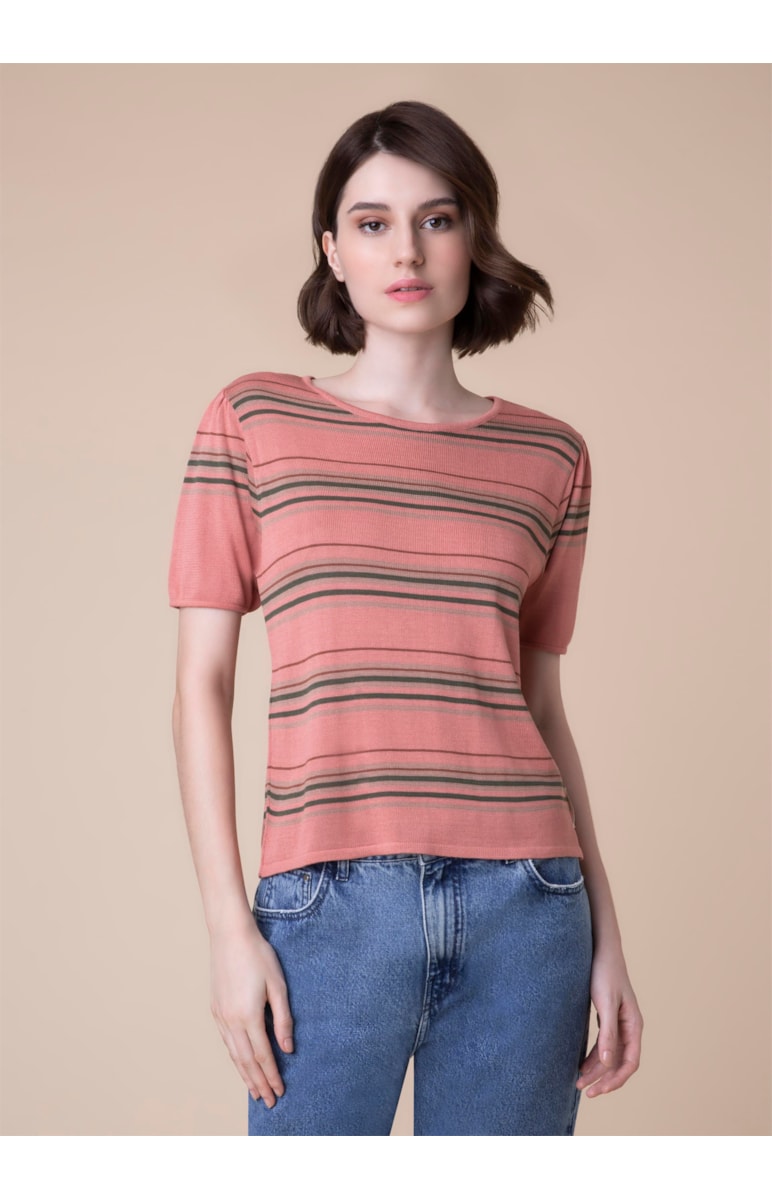 Blusa Listrada Manga Princesa Rosa Velho