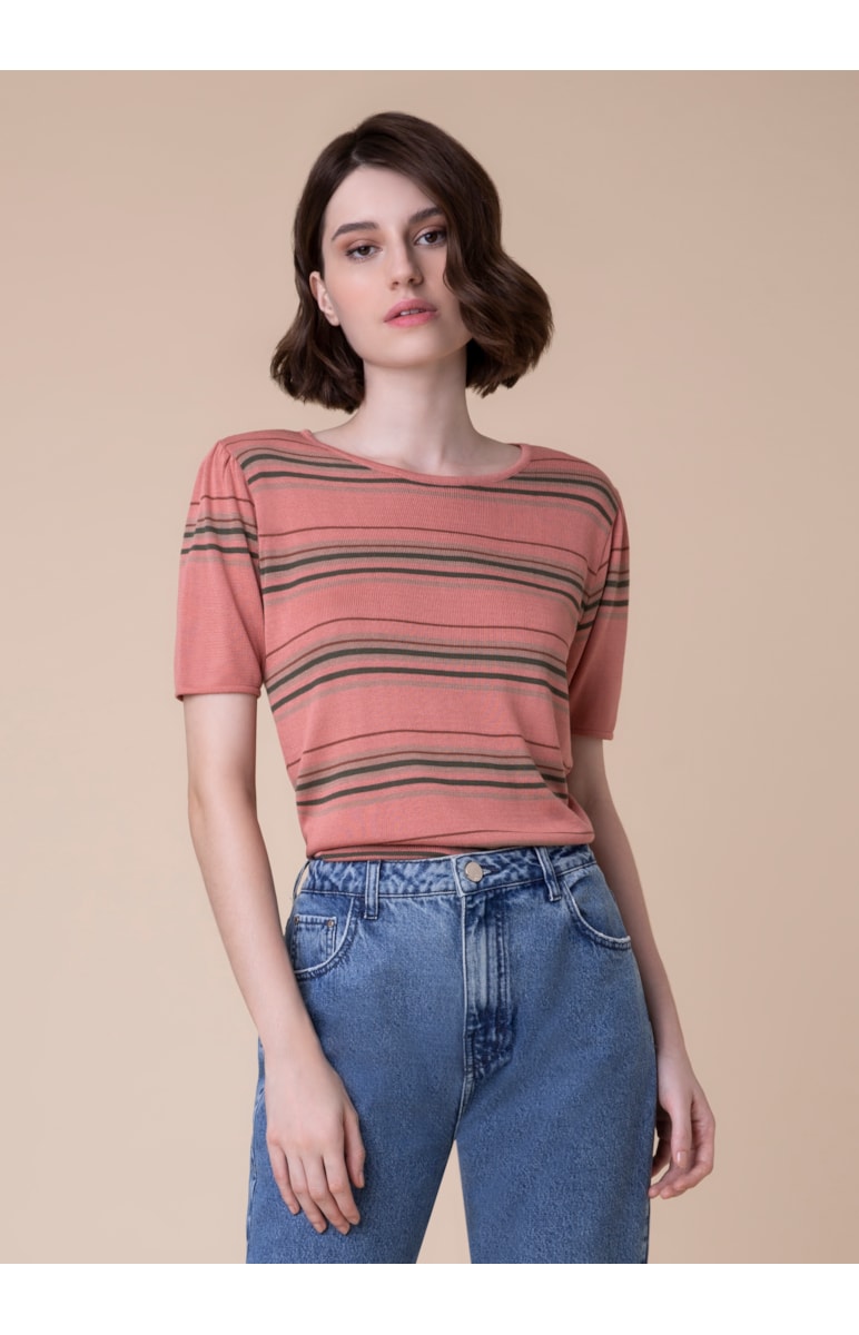 Blusa Listrada Manga Princesa Rosa Velho