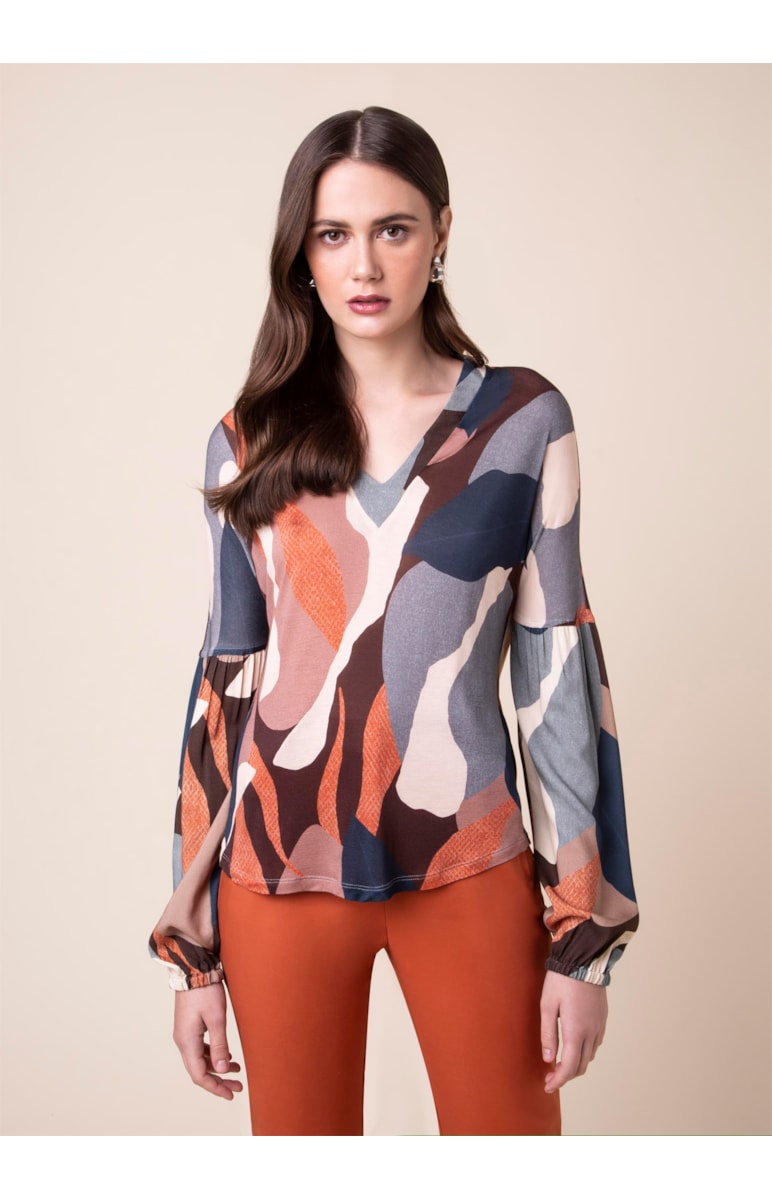 Blusa Malha Estampa Leaves Est. Leaves Marrom