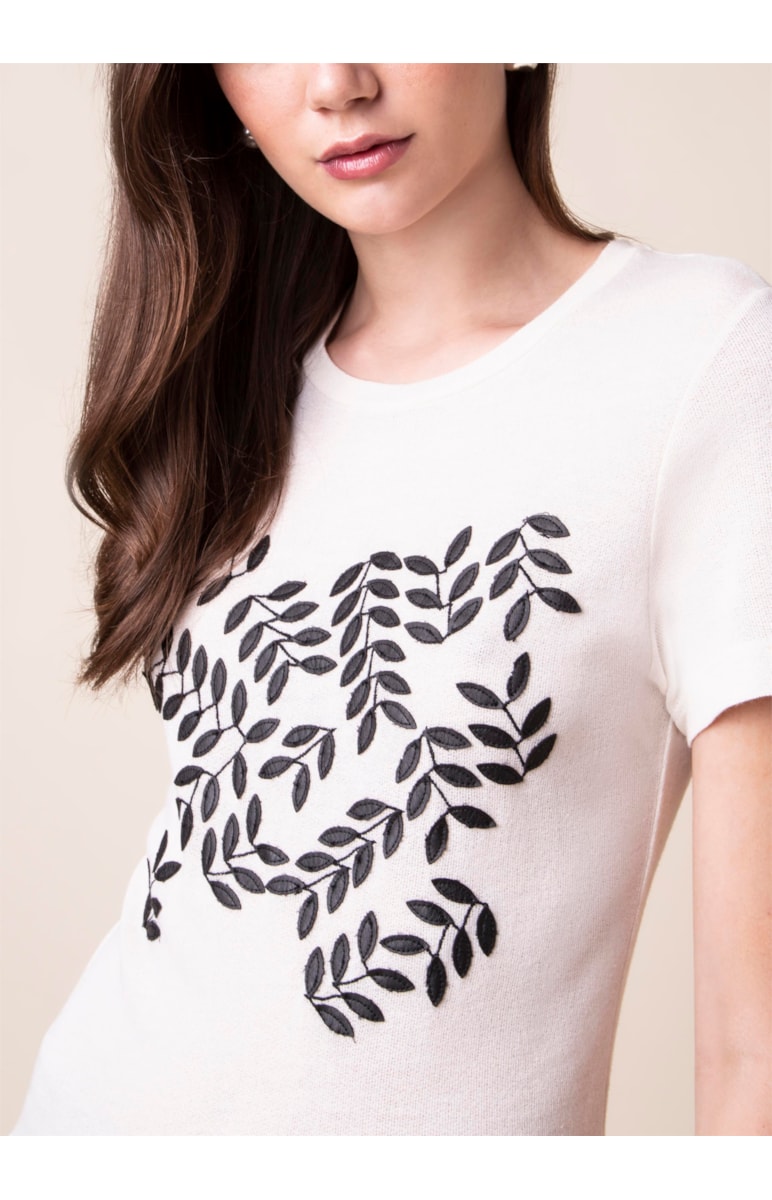Blusa Malha Folhas Aplicadas Bege Mescla