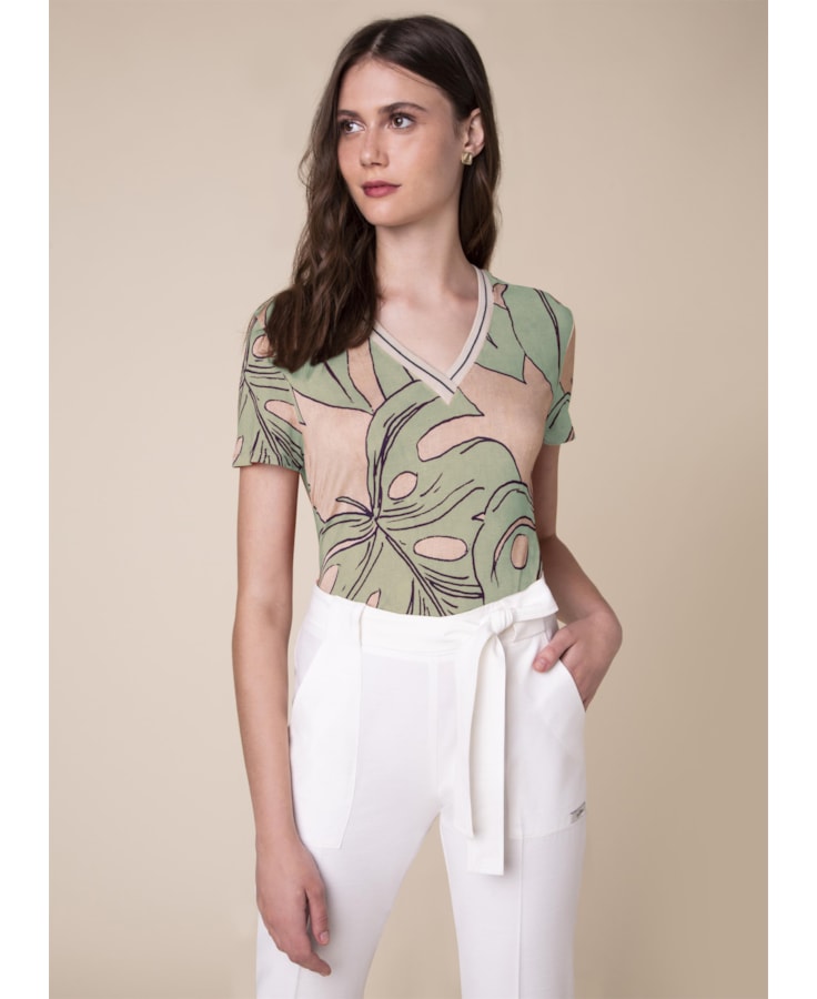 Blusa Malha Splitz Estampado Fundo Verde