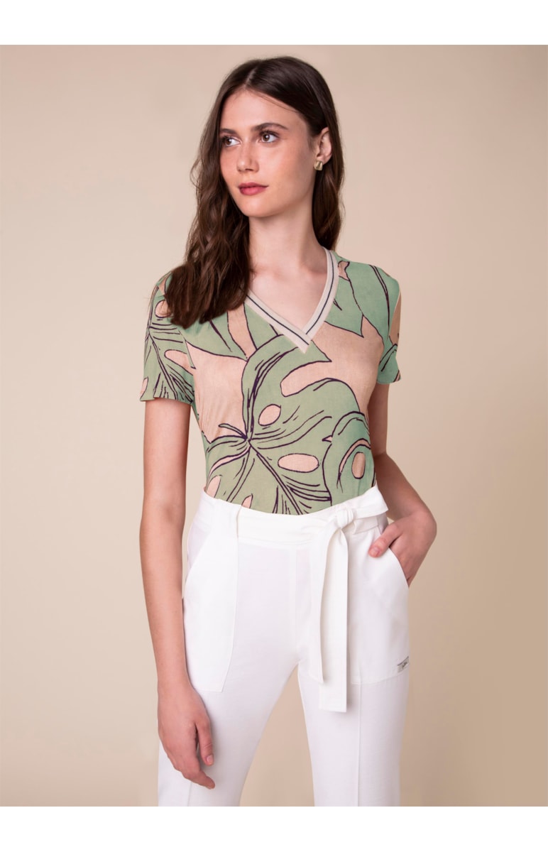 Blusa Malha Splitz Estampado Fundo Verde