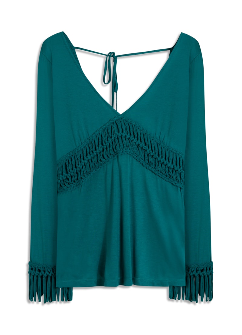 Blusa Ml Macrame Aplicado Old Blue