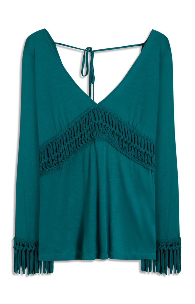 Blusa Ml Macrame Aplicado Old Blue