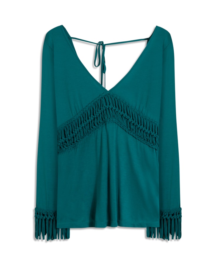 Blusa Ml Macrame Aplicado Old Blue
