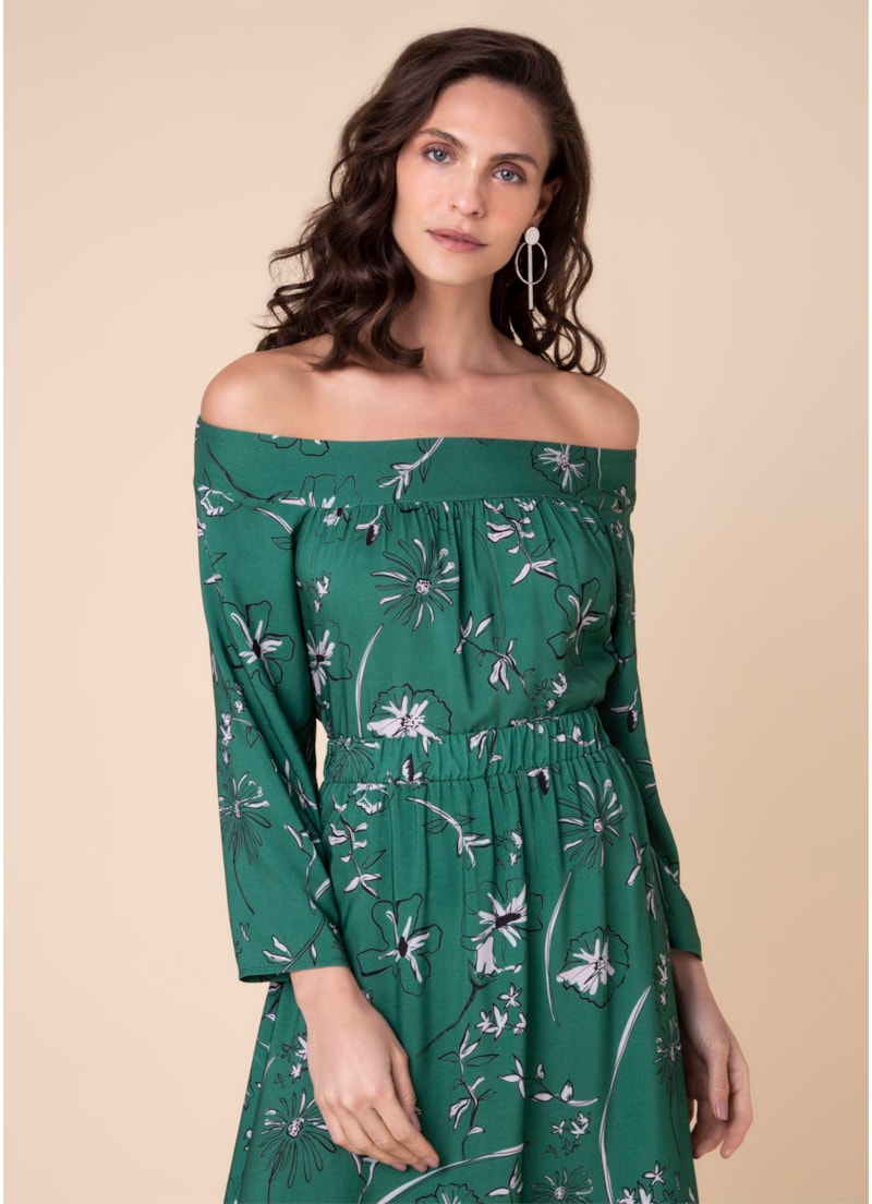 Blusa Ombro a Ombro Flower Estamp. Verde Escuro