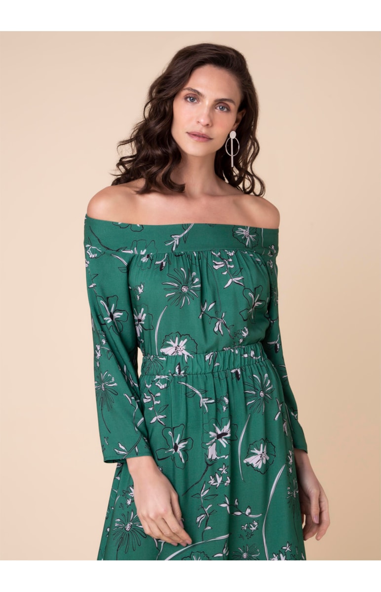 Blusa Ombro a Ombro Flower Estamp. Verde Escuro