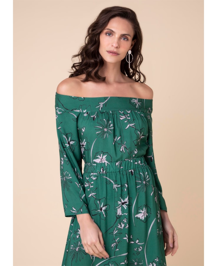 Blusa Ombro a Ombro Flower Estamp. Verde Escuro
