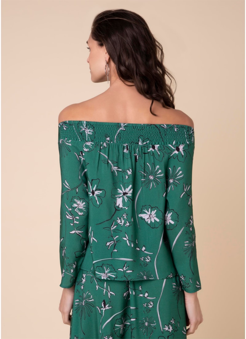 Blusa Ombro a Ombro Flower Estamp. Verde Escuro