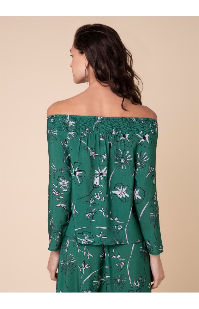 Blusa Ombro a Ombro Flower Estamp. Verde Escuro