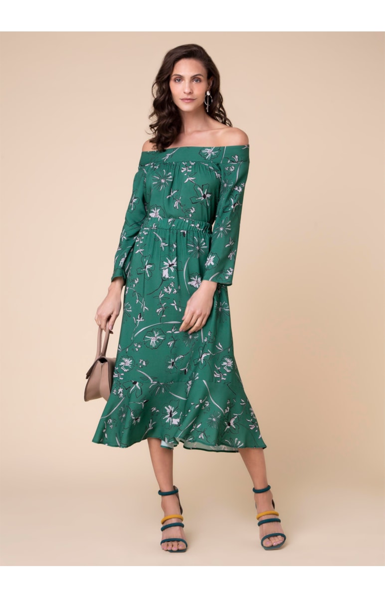 Blusa Ombro a Ombro Flower Estamp. Verde Escuro