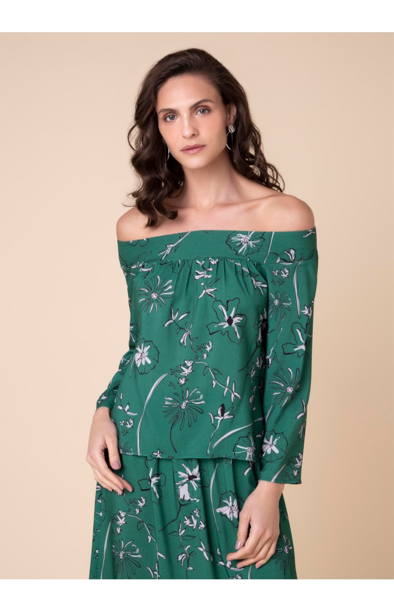 Blusa Ombro a Ombro Flower Estamp. Verde Escuro