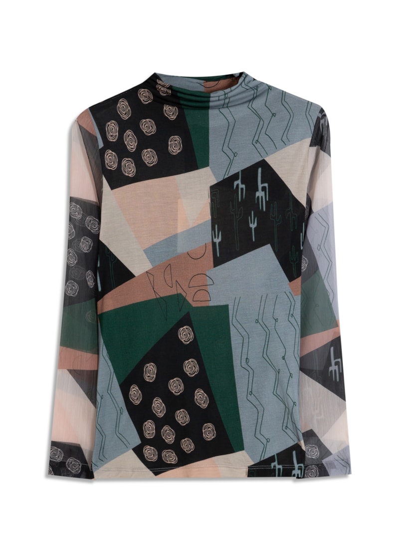 Blusa Patchwork Manga Longa Estampado