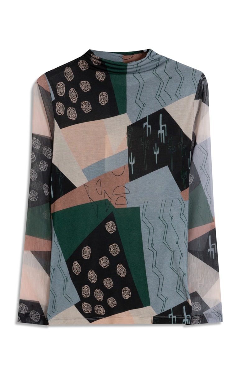 Blusa Patchwork Manga Longa Estampado