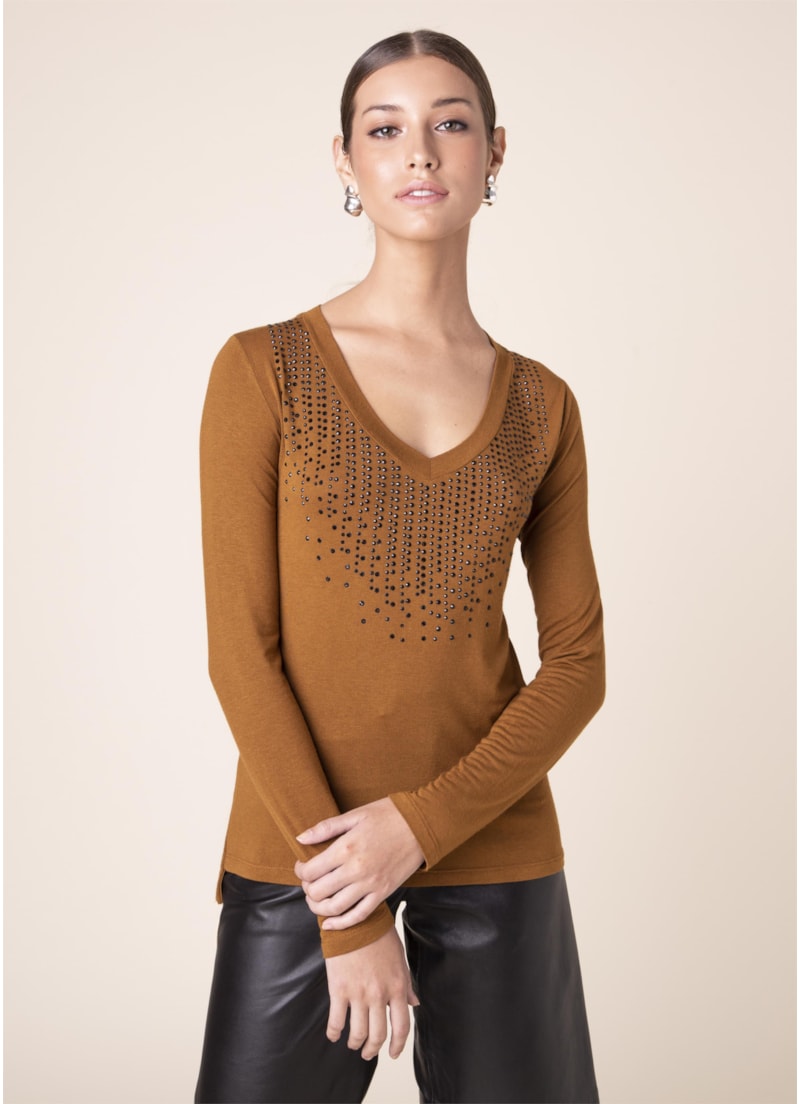Blusa Pedras Decote v Caqui