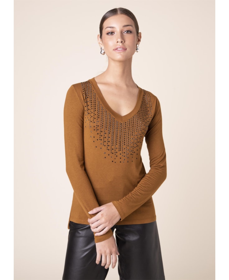 Blusa Pedras Decote v Caqui