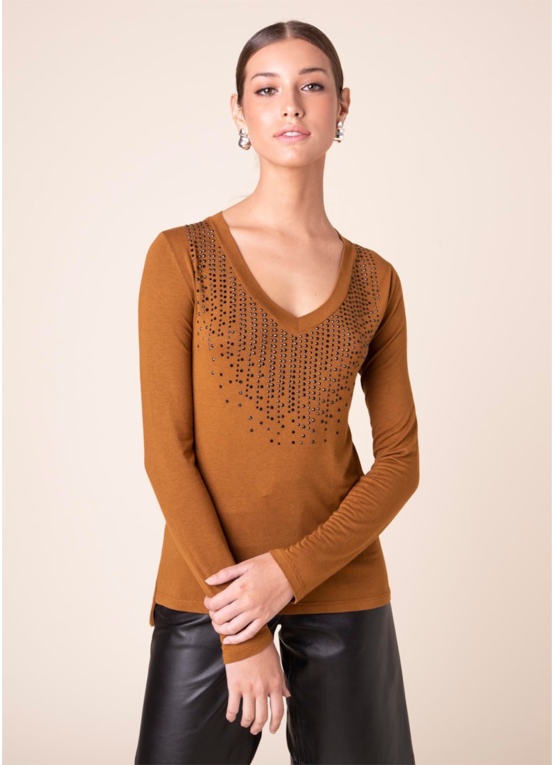 Blusa Pedras Decote v Caqui