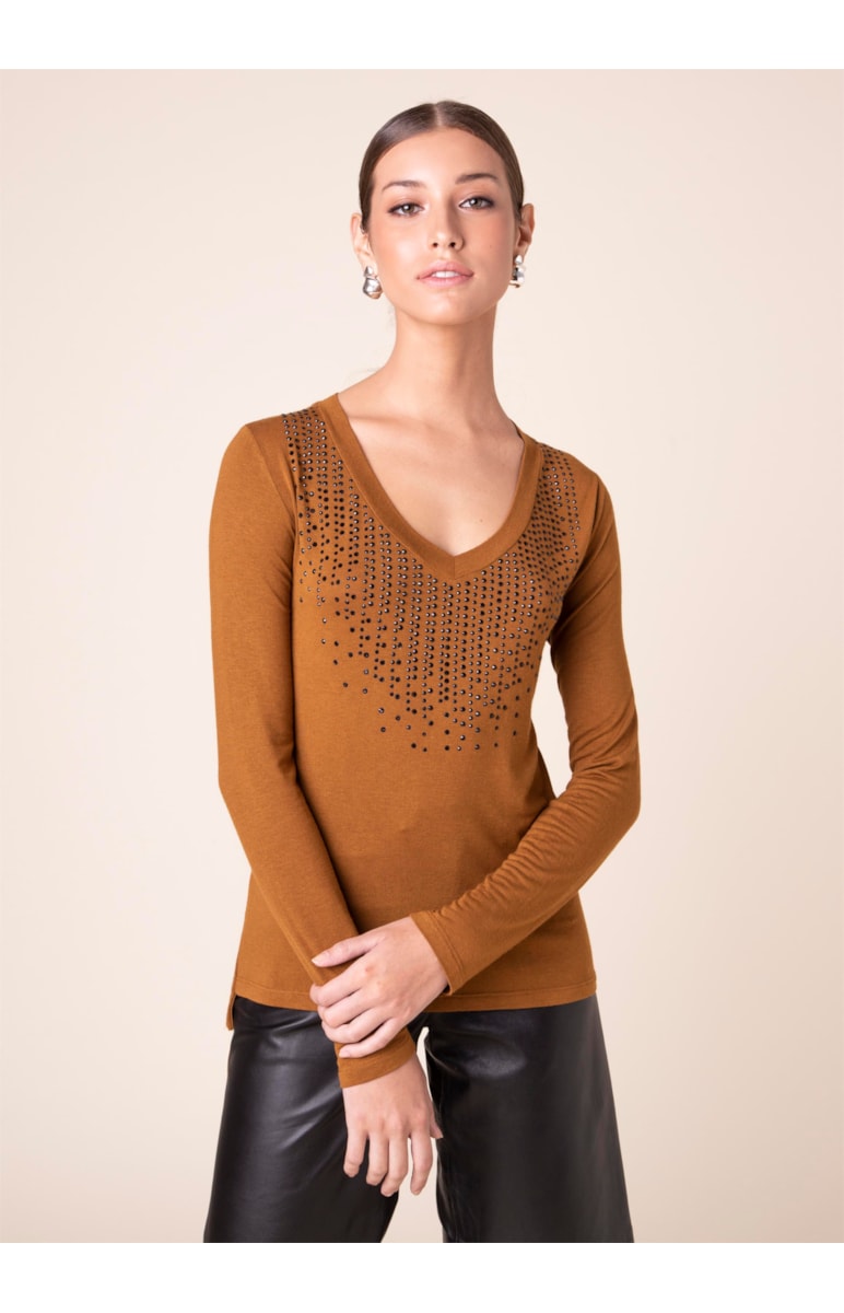 Blusa Pedras Decote v Caqui