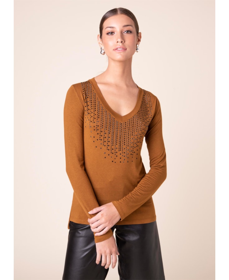 Blusa Pedras Decote v Caqui