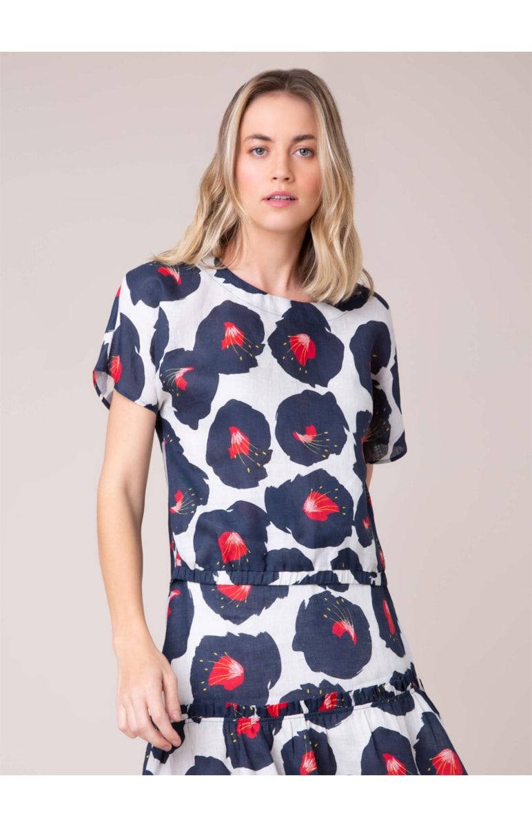 Blusa Puro Linho Maxi Flower Bege