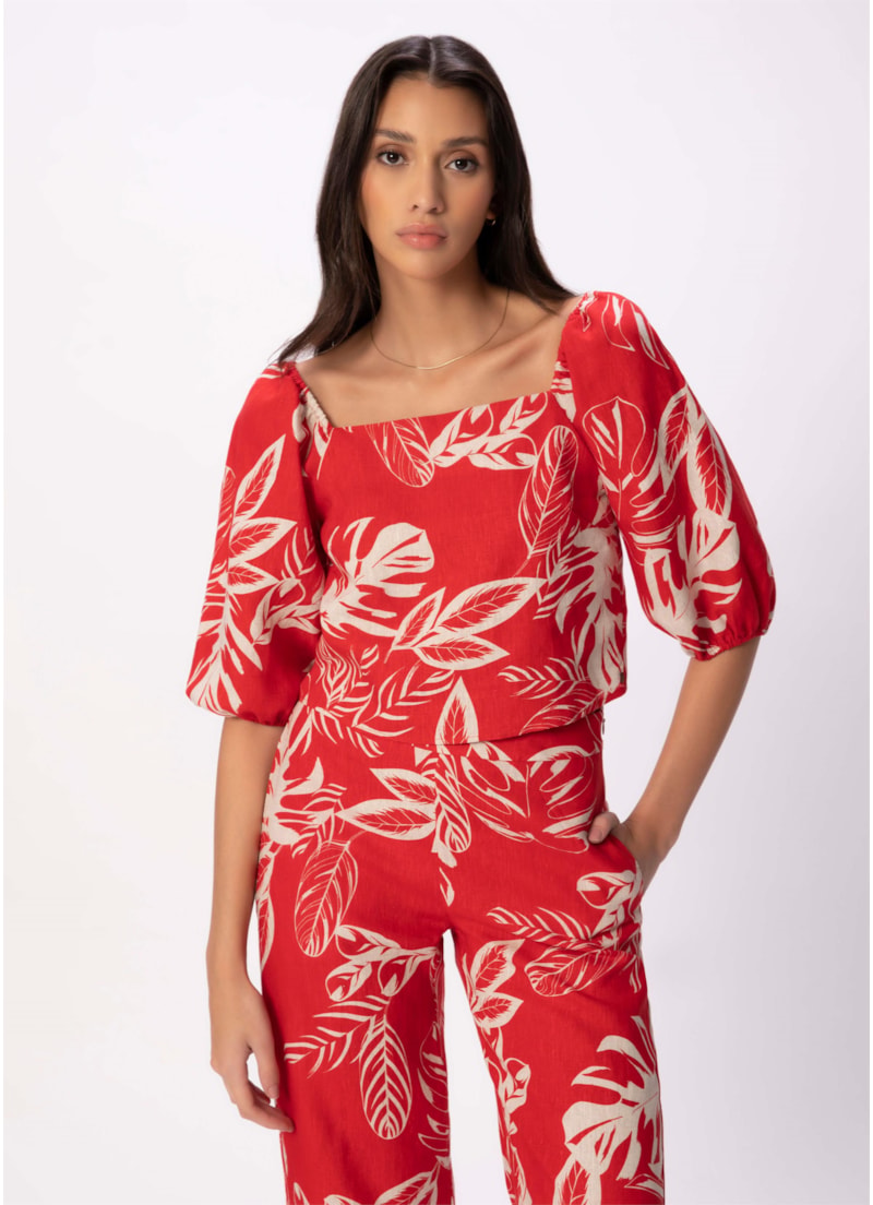 Blusa Puro Linho Summer Leaves Vermelho