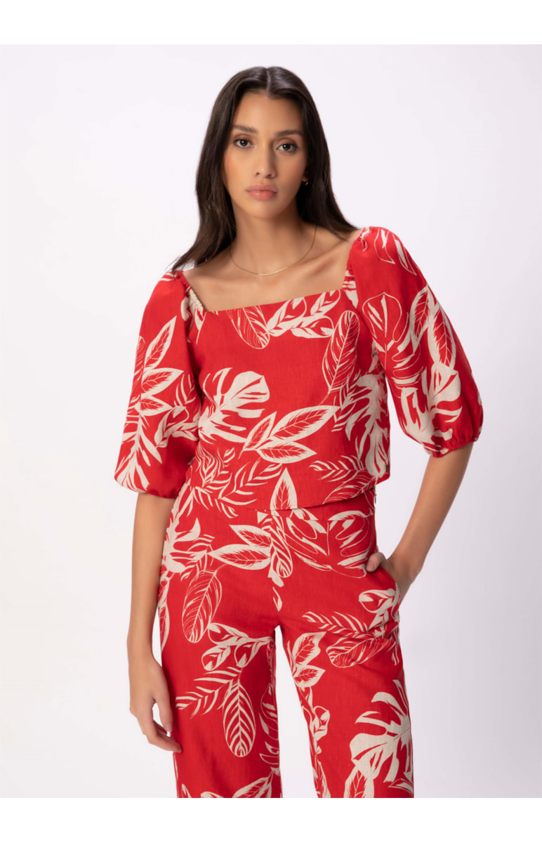Blusa Puro Linho Summer Leaves Vermelho